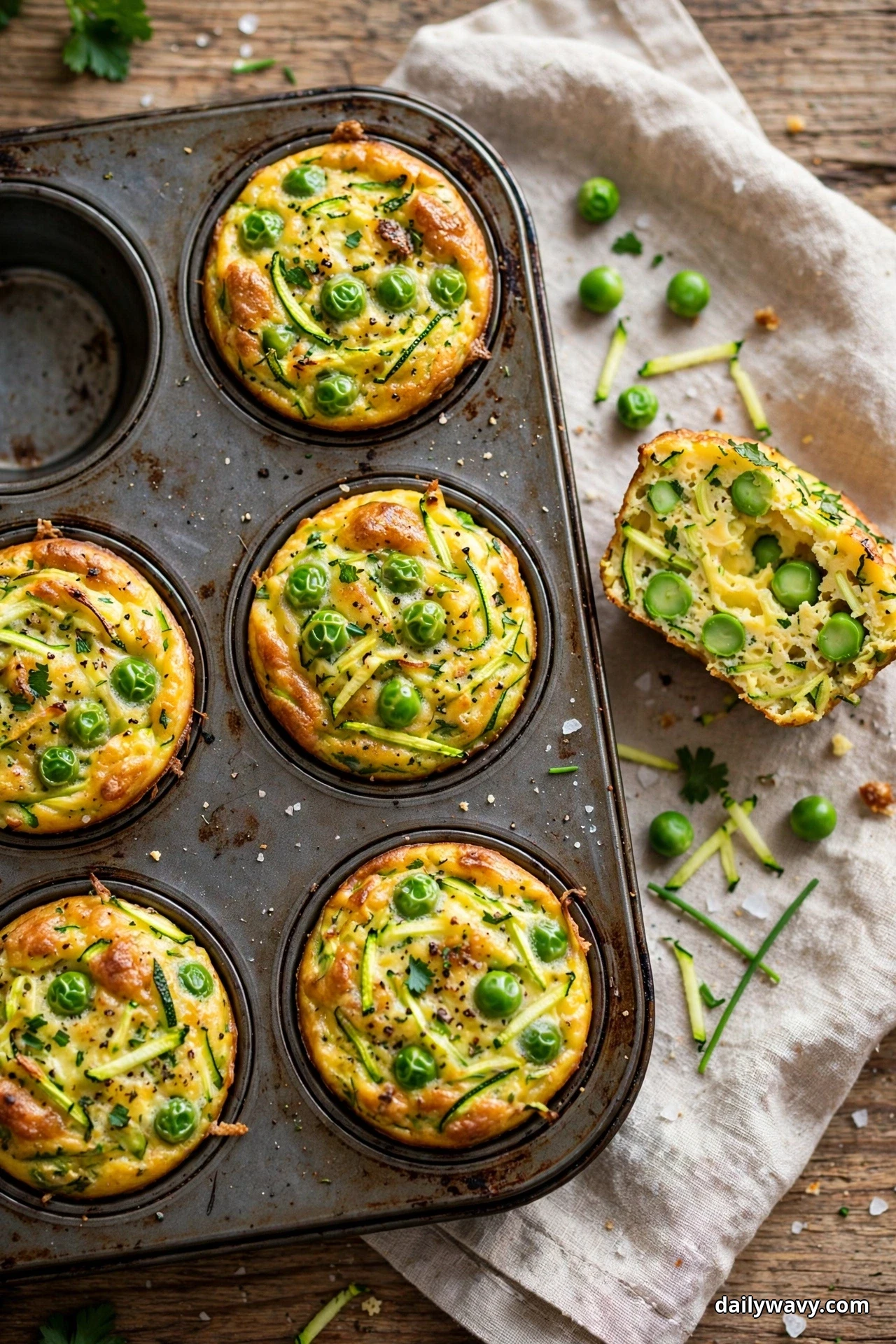 Zucchini egg muffins studded with bright green peas fill a muffin tin on a linen cloth, with one muffin cut in half beside the tin showing the peas inside