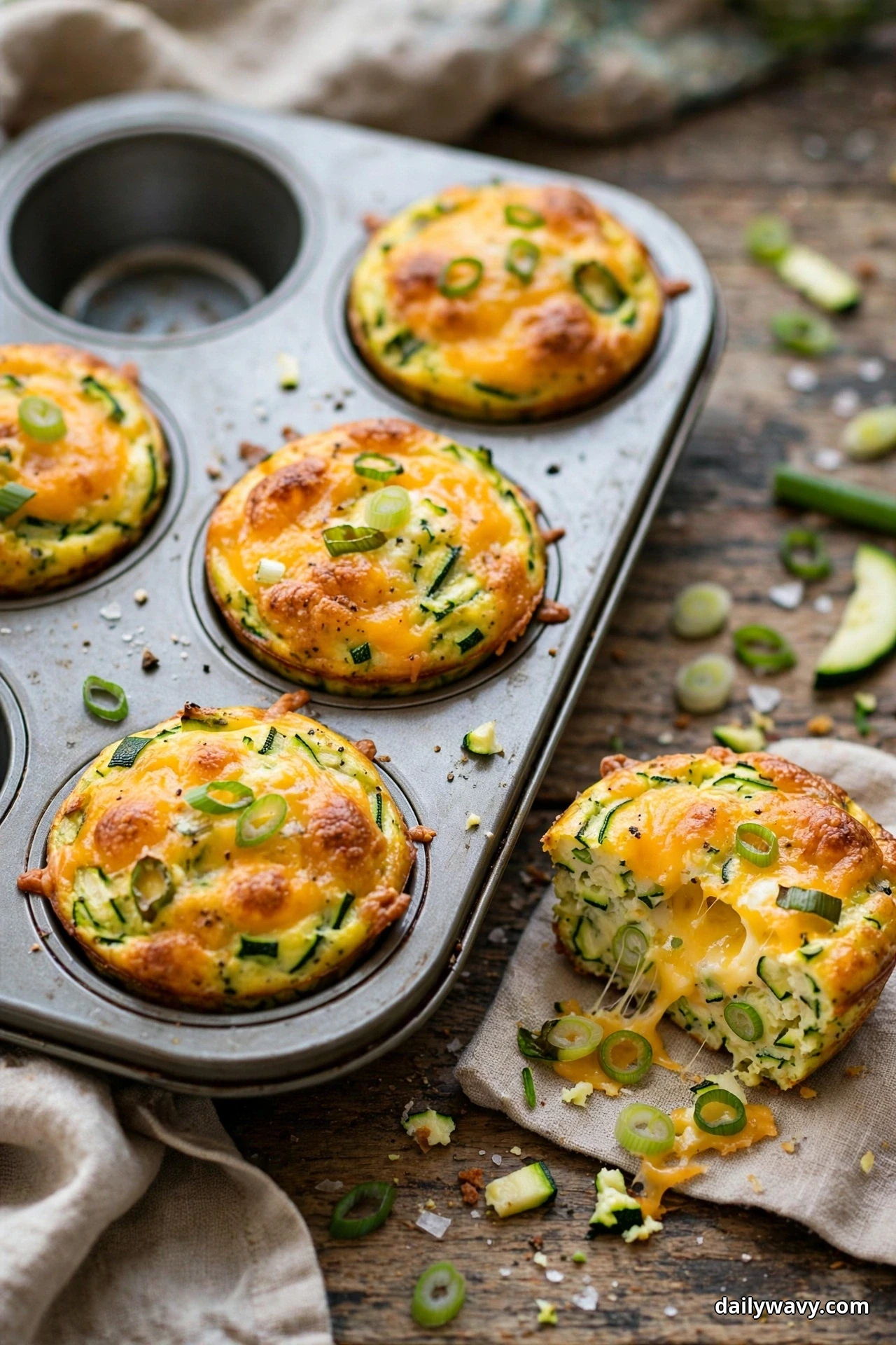 Zucchini egg muffins with melted cheddar tops and sliced scallion rings sit in a muffin tin, with one muffin pulled open on a cloth beside the tin showing the melted cheese inside
