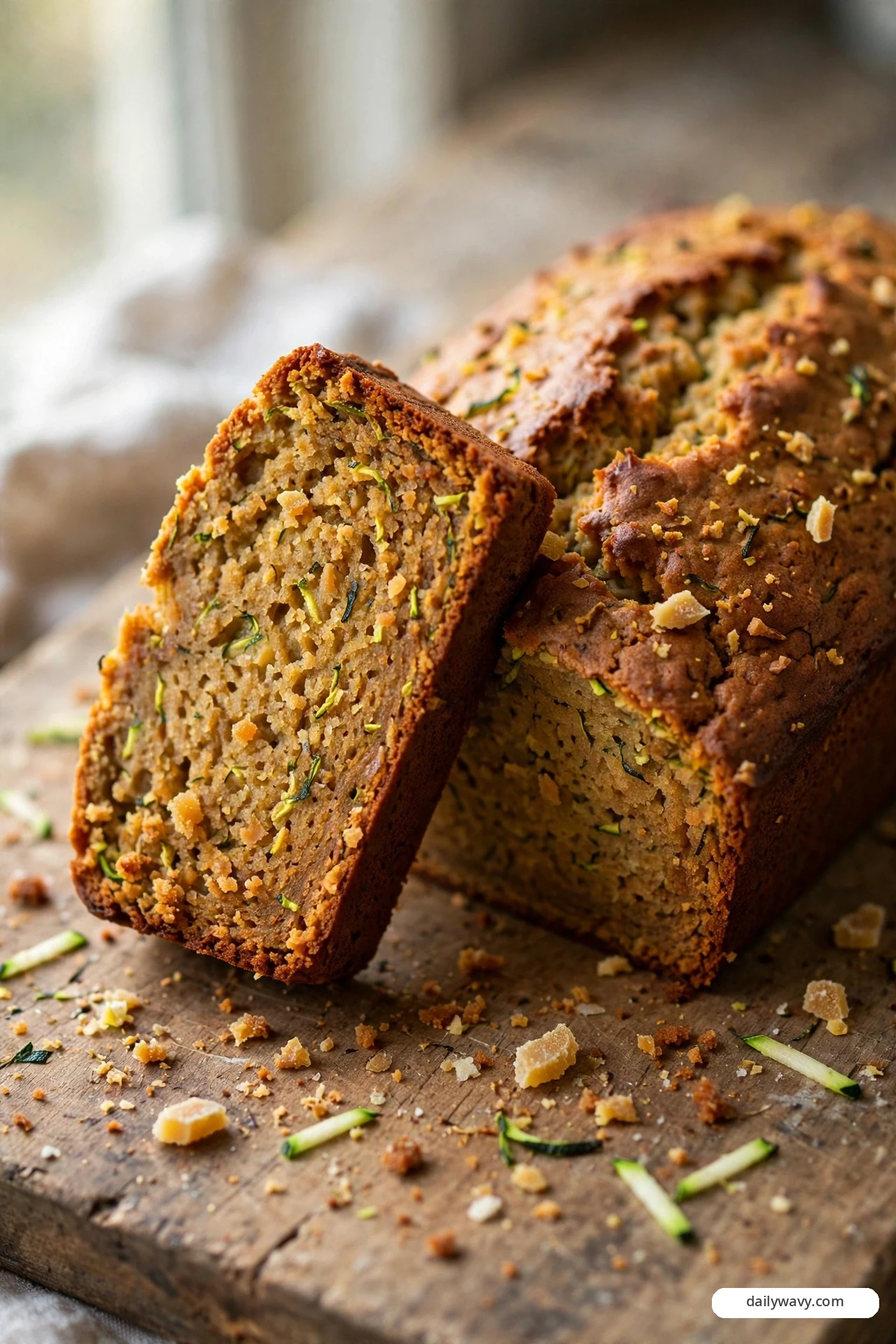 A thick slice of ginger-spice zucchini quick bread leans against the loaf on a wooden board, with chunks of candied ginger and shreds of fresh zucchini scattered around the base.