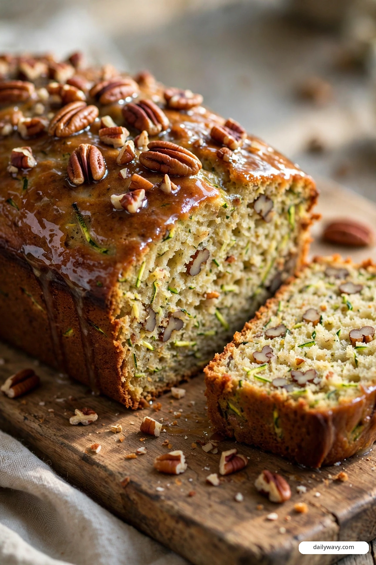 A maple-pecan zucchini quick bread loaf gleams under a glossy maple glaze with whole and chopped pecans pressed into the top, while a sliced piece reveals pecan chunks and green zucchini shreds through the tender crumb.