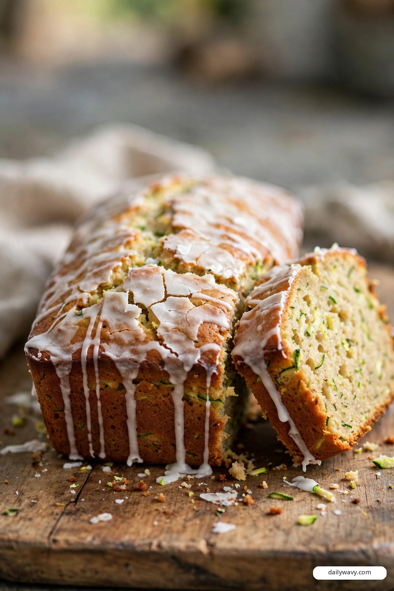 A vanilla-icing zucchini quick bread loaf shows white icing cracked over the top and dripping down the sides, with a thick slice leaning beside it to expose the moist, zucchini-flecked crumb.