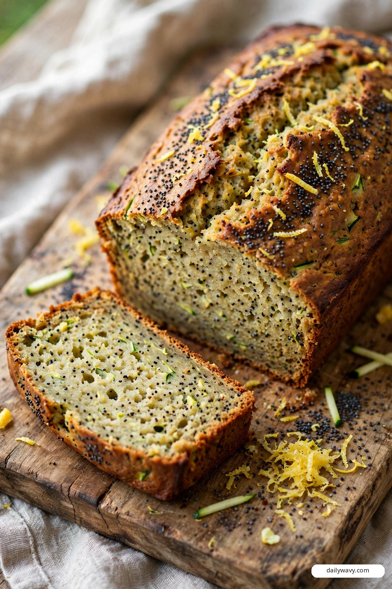 A poppy-seed zucchini quick bread loaf is topped with lemon zest and scattered poppy seeds, and a cut slice beside it shows the seeds dotted through the tender crumb with fresh lemon zest piled on the board.