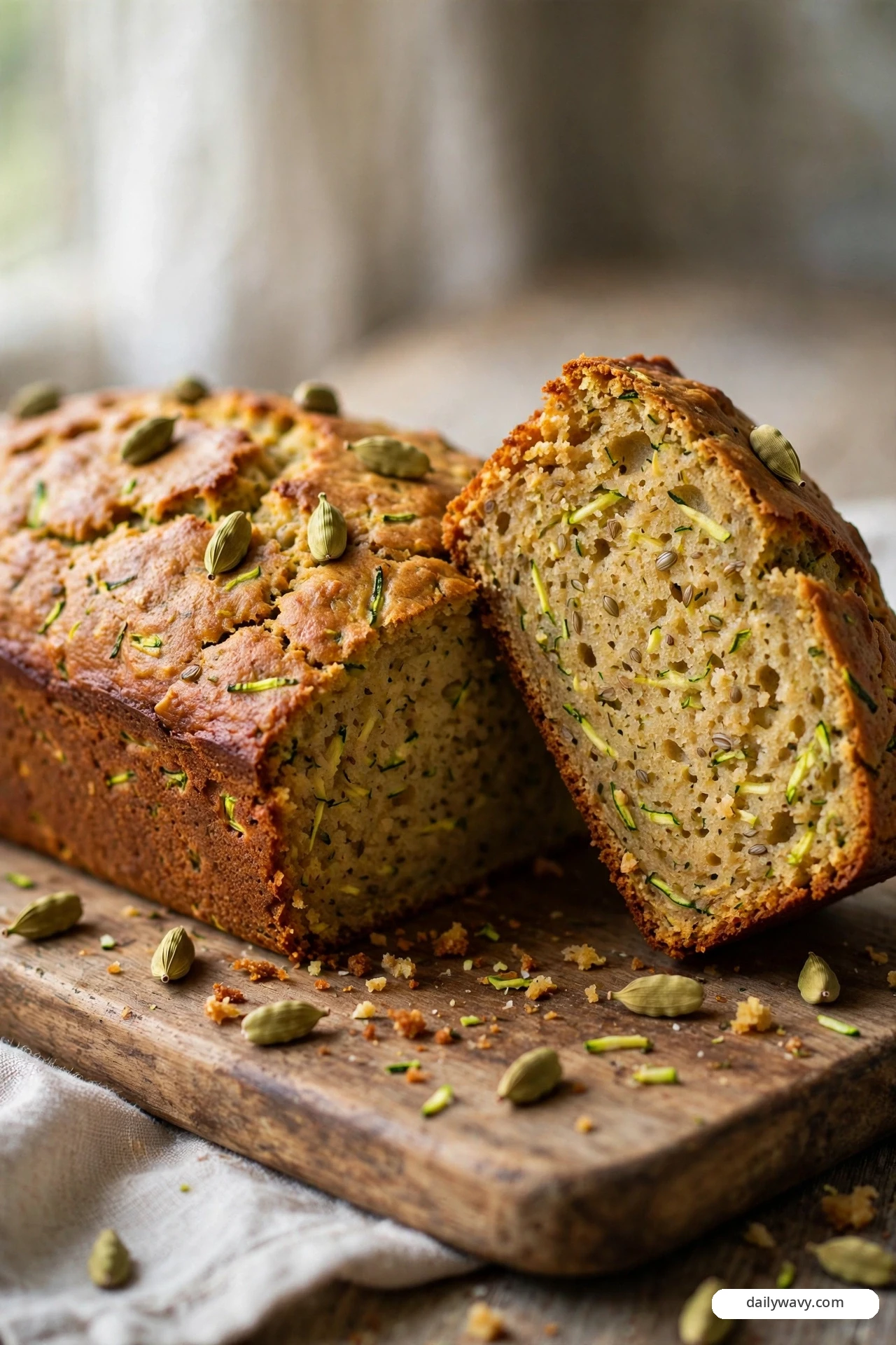 A cardamom zucchini quick bread loaf is studded with whole green cardamom pods, and a sliced wedge leaning against it reveals tiny cardamom seeds baked through the golden crumb.