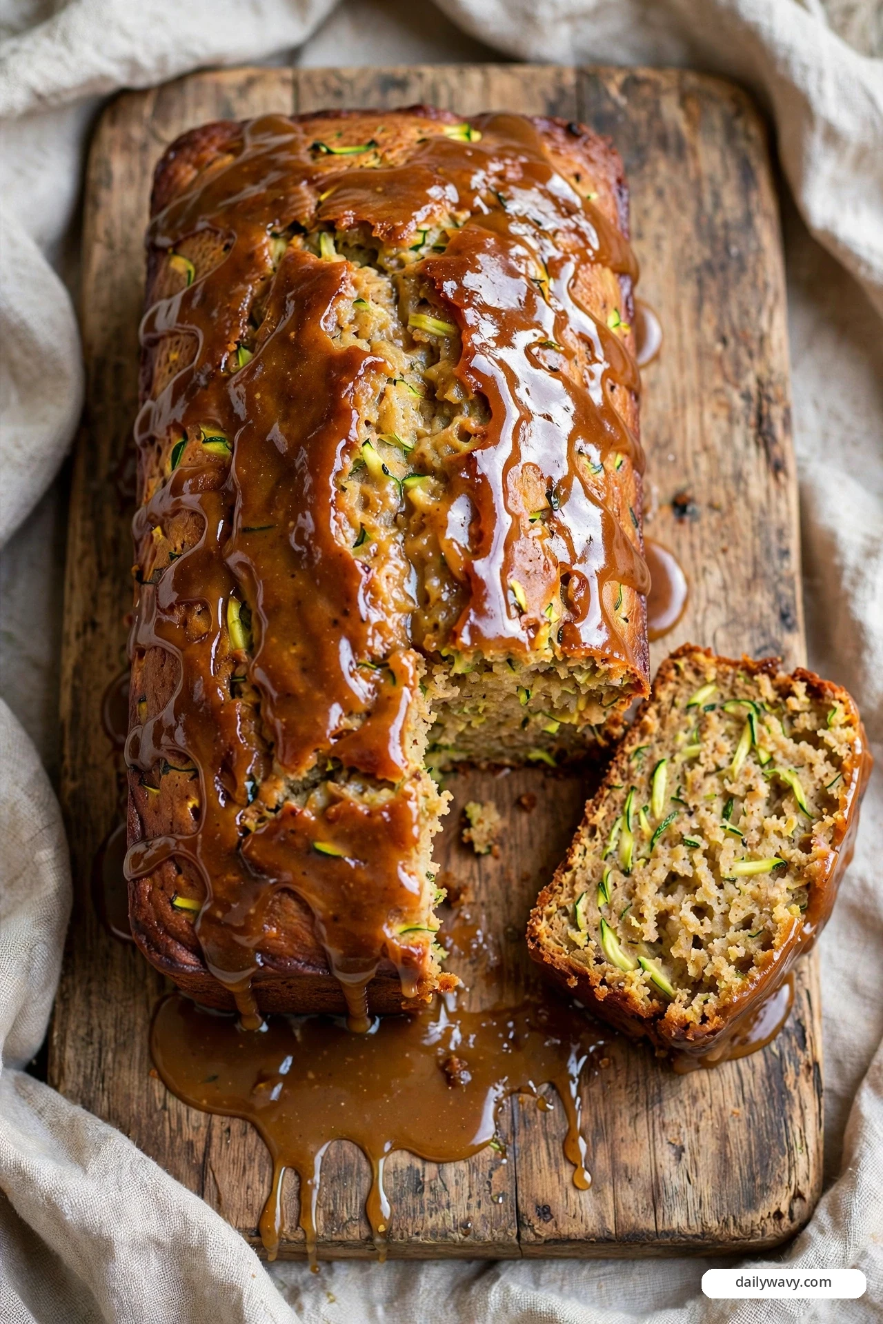 A brown-butter glaze pools and drips down the sides of a zucchini quick bread loaf on a wooden board, while a cut slice beside it shows the rich, zucchini-flecked crumb underneath the glossy glaze.
