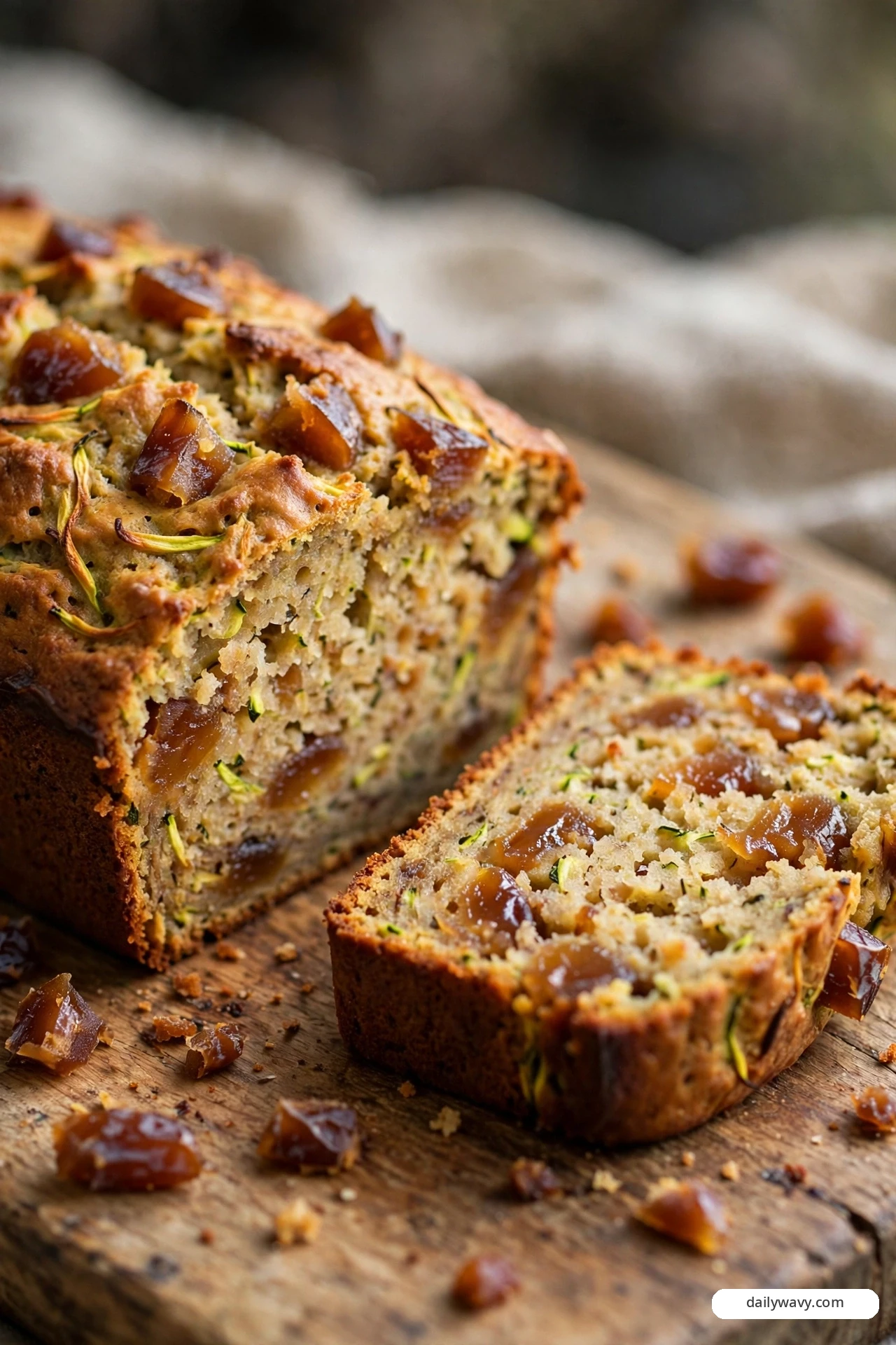 A date-studded zucchini quick bread loaf shows glistening chopped dates across its top and baked into the crumb, with a sliced piece and scattered date chunks resting on the wooden board.