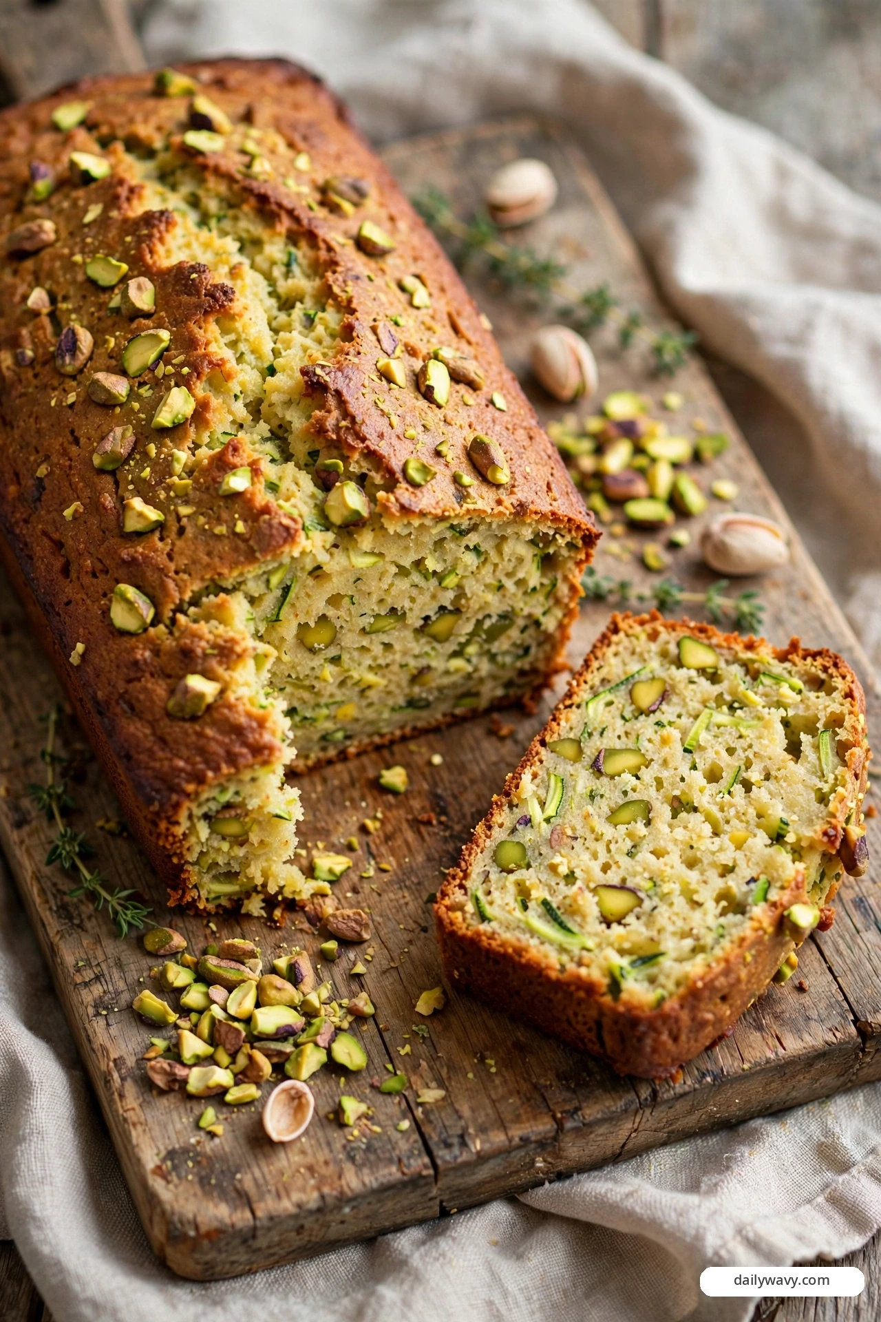 A pistachio zucchini quick bread loaf is crowned with chopped green pistachios, and a cut slice beside it reveals the nuts studded through the crumb, with more chopped pistachios and thyme sprigs scattered on the board.