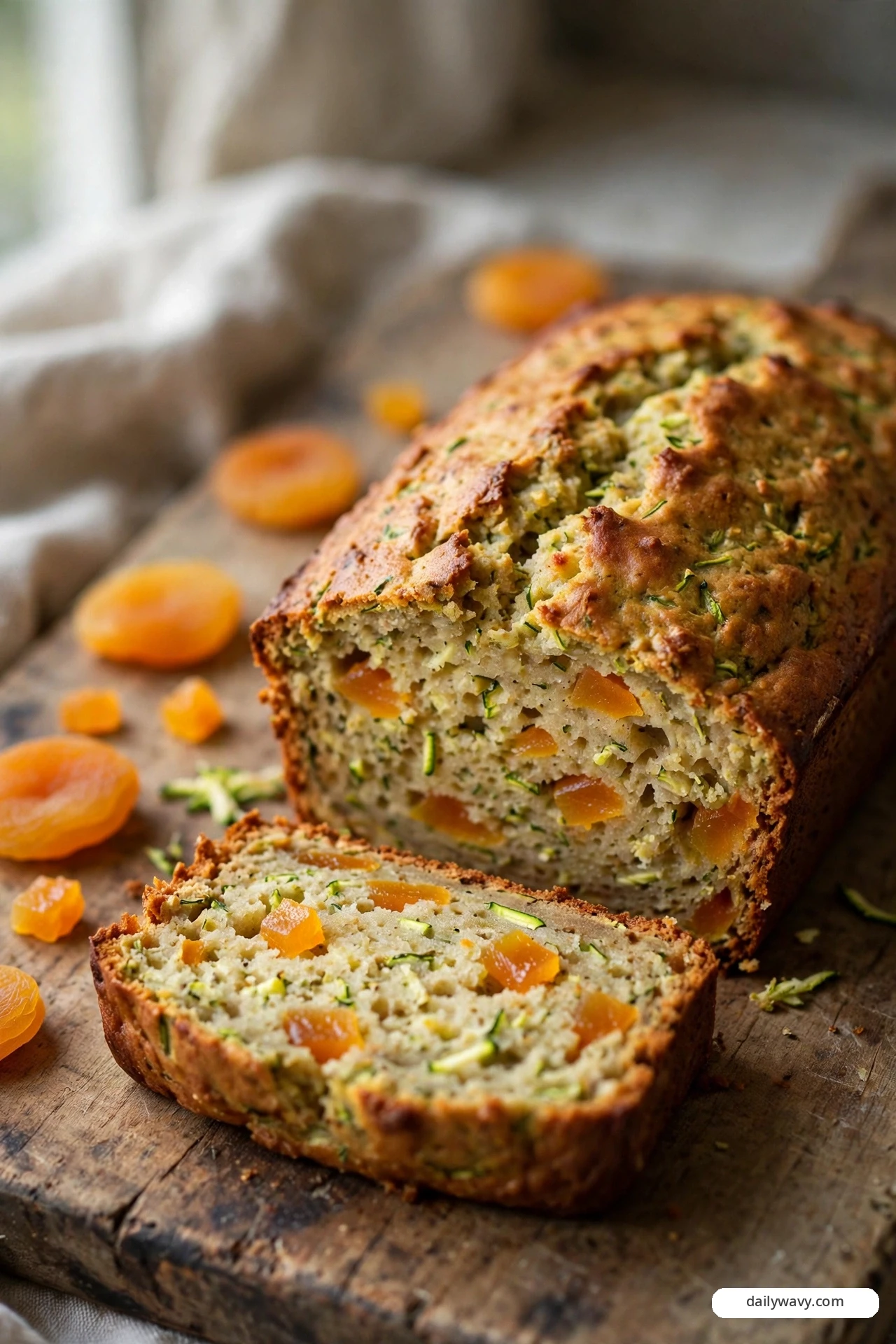 A dried-apricot zucchini quick bread loaf holds jewel-like orange apricot pieces baked through its crumb, with a sliced piece in front and whole dried apricots scattered around the wooden board.