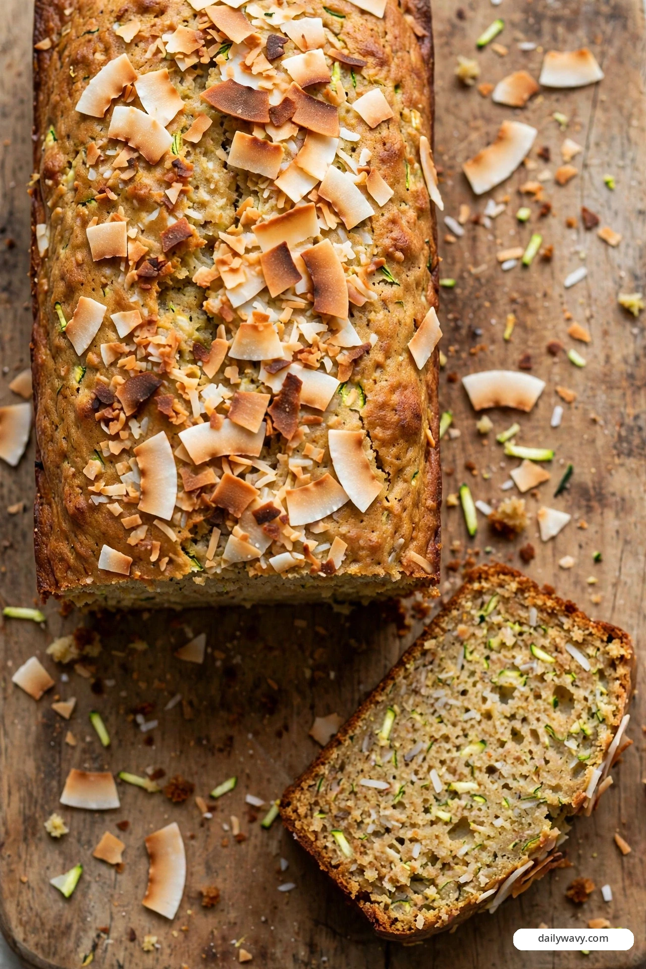 A coconut-flake zucchini quick bread loaf is blanketed with toasted coconut chips on top, photographed from above with a cut slice showing coconut shreds and zucchini woven through the crumb.