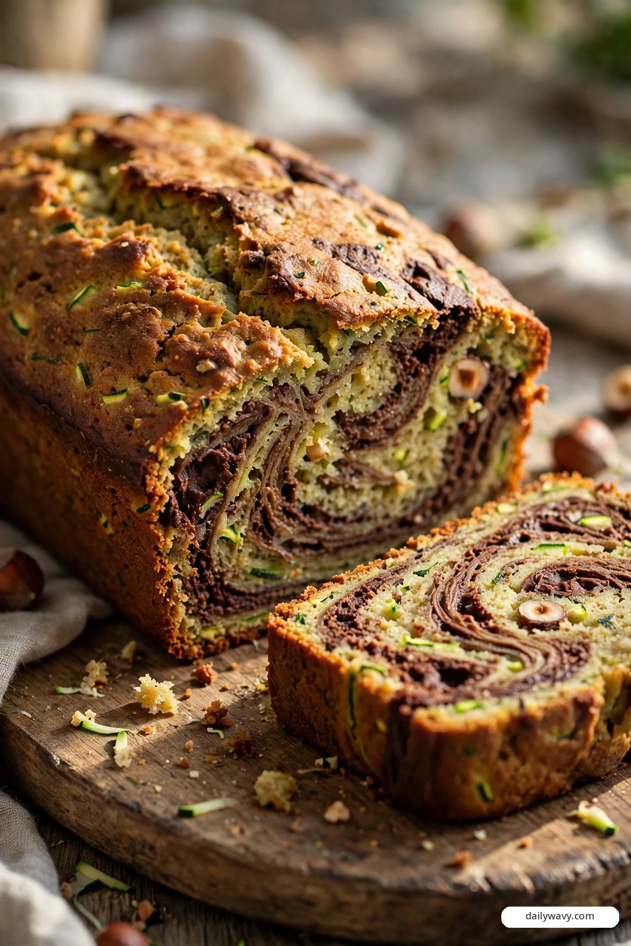 A hazelnut-swirl zucchini quick bread loaf reveals dark chocolate-hazelnut ribbons marbled through its crumb, with a thick slice in front showing the swirl and whole hazelnuts scattered on the board.