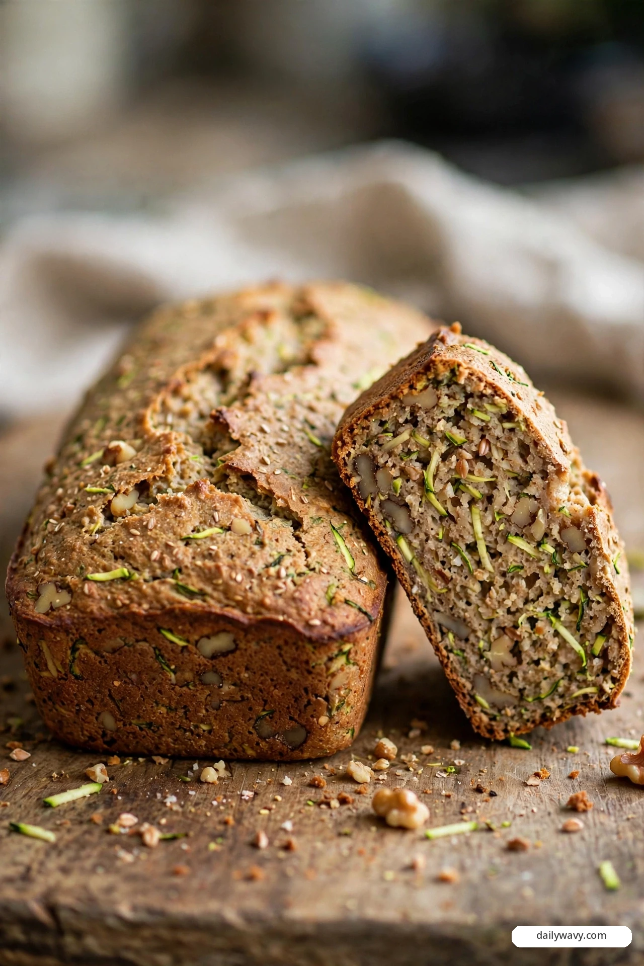 A whole-wheat zucchini quick bread loaf bakes up with a hearty brown crust studded with walnut pieces, and a slice leaning against it shows walnut chunks and zucchini shreds through the denser crumb.
