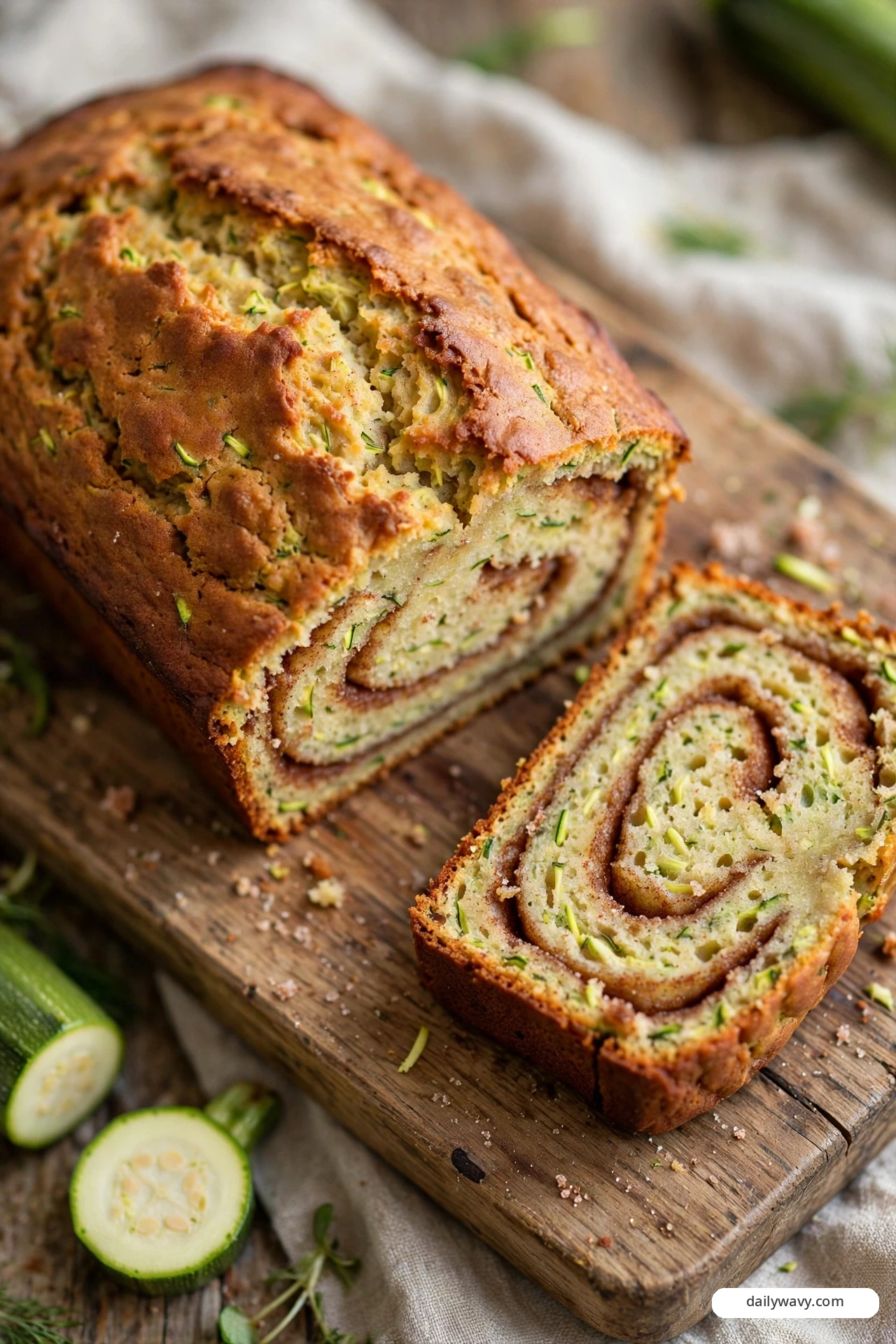 A cinnamon-swirl zucchini quick bread loaf shows a sugar-cinnamon spiral winding through its crumb, with a thick slice displaying the swirl and fresh zucchini halves resting beside the board.