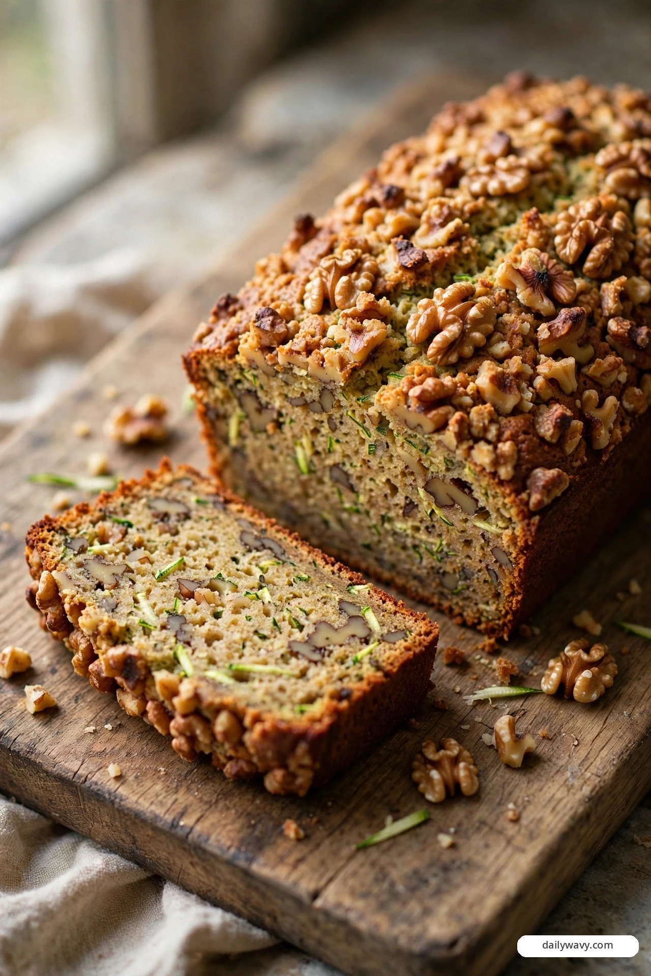 A walnut-crust zucchini quick bread loaf is crowned with crunchy walnut halves, and a slice in front shows walnuts baked through the crumb with more walnuts scattered on the wooden board.