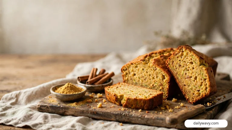 Slices of ginger-spice zucchini quick bread rest on a rustic wooden board beside cinnamon sticks and a small bowl of ground ginger, with a cut slice revealing chewy candied ginger pieces in the moist crumb.