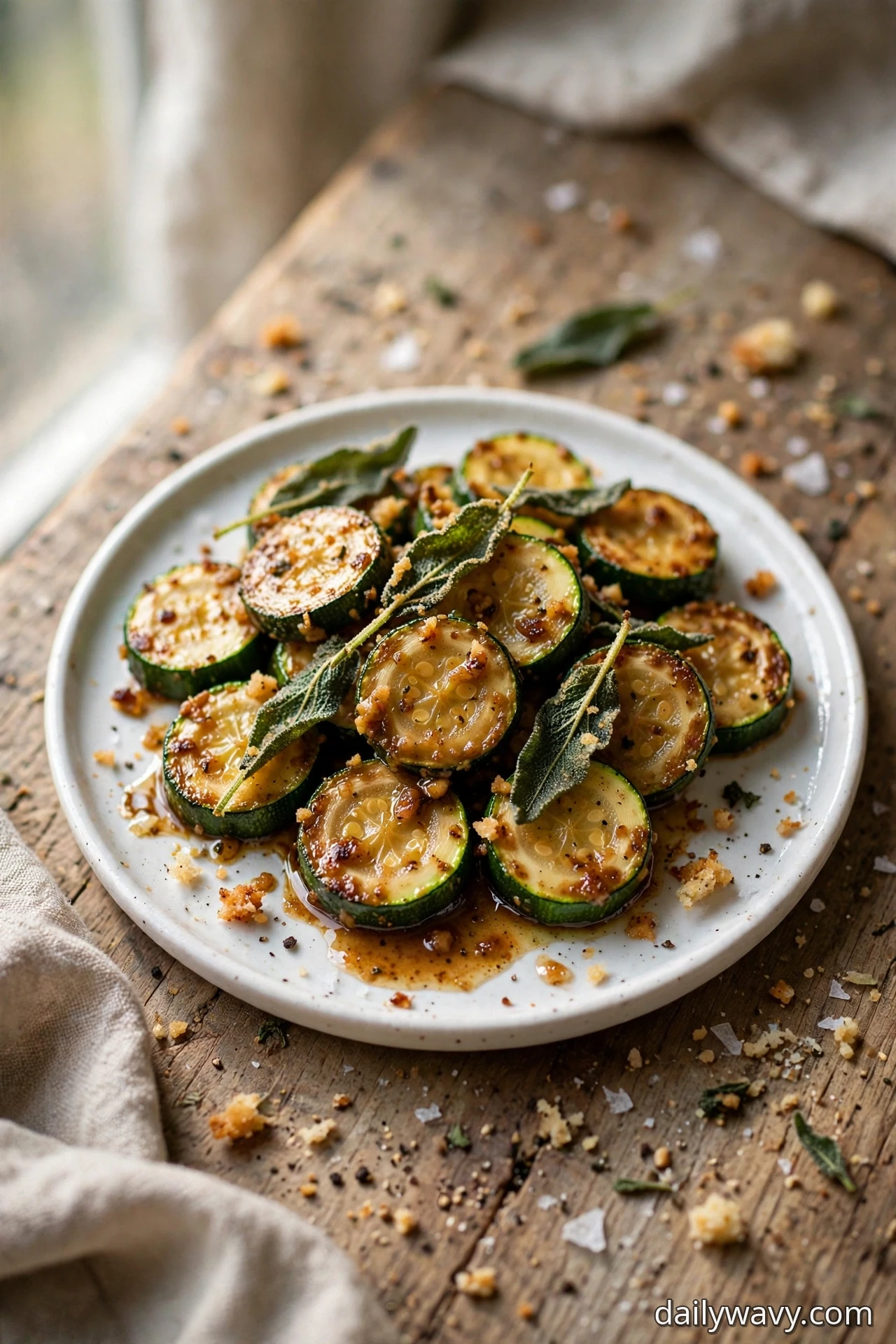 A closer view shows zucchini coins with browned butter and crisp sage leaves on a white plate