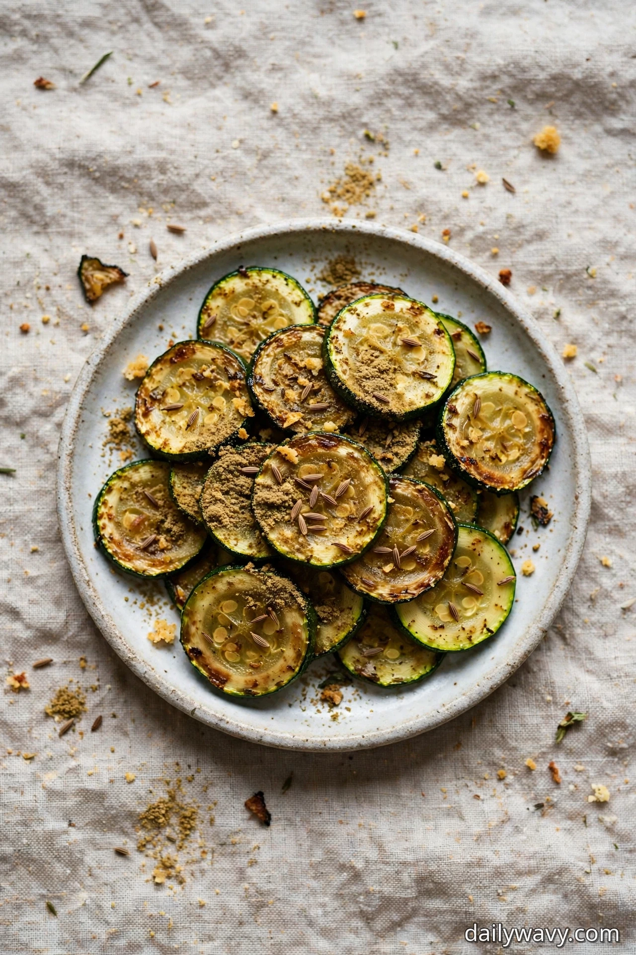 Zucchini coins dusted with ground cumin and coriander and scattered with whole cumin seeds fill a speckled plate