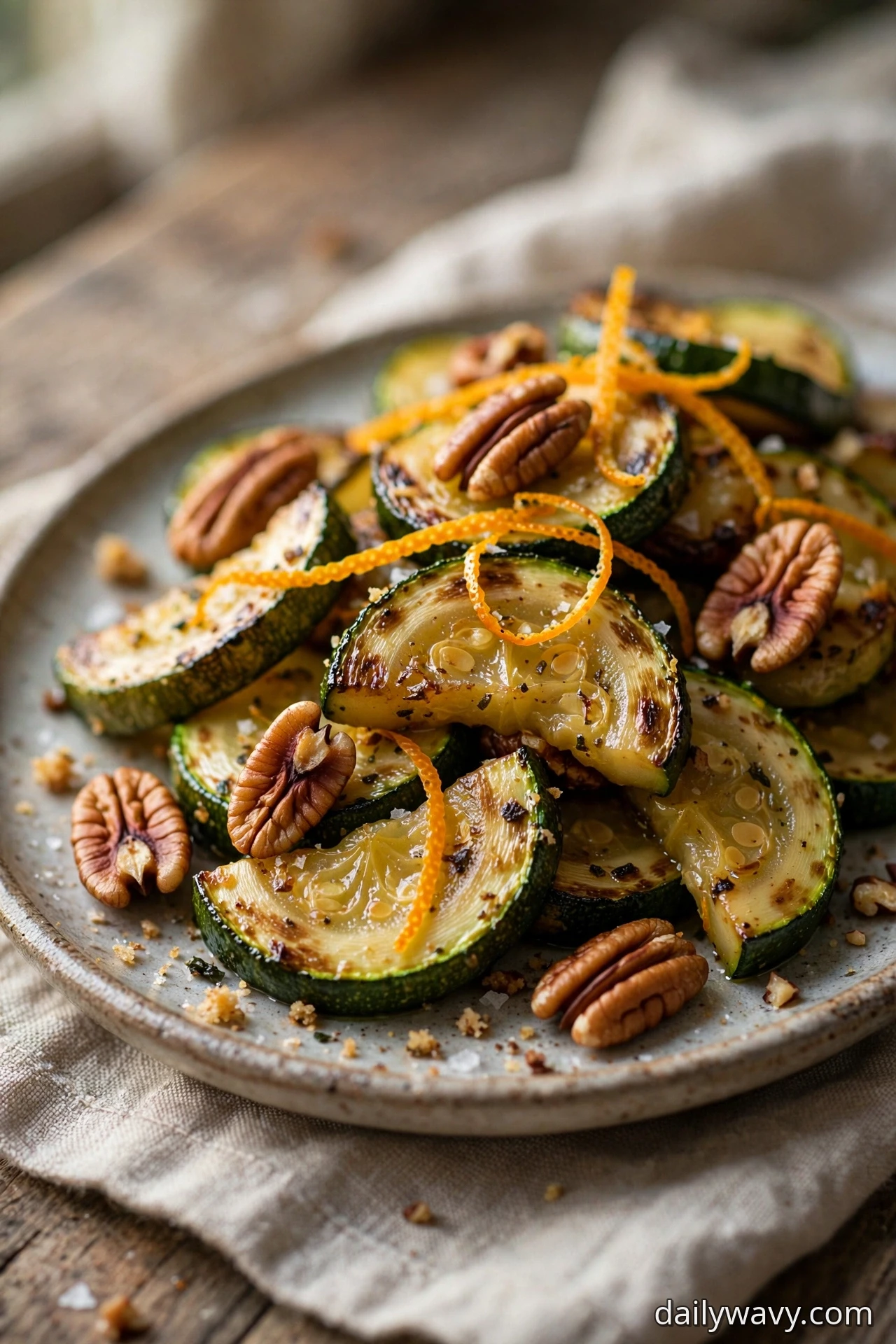 Zucchini half-moons topped with whole pecan halves and long strips of orange zest fill a plate