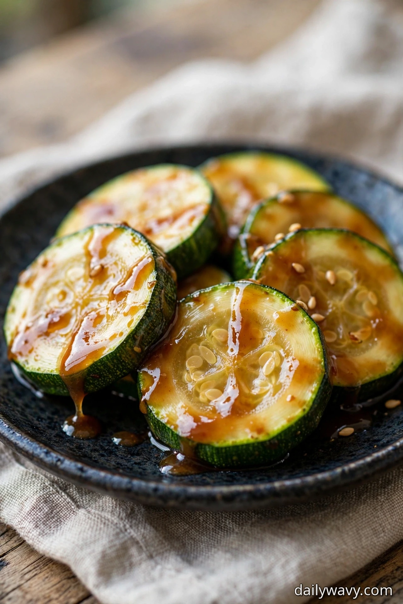 Zucchini coins brushed with glossy miso glaze and scattered with sesame seeds sit on a dark plate