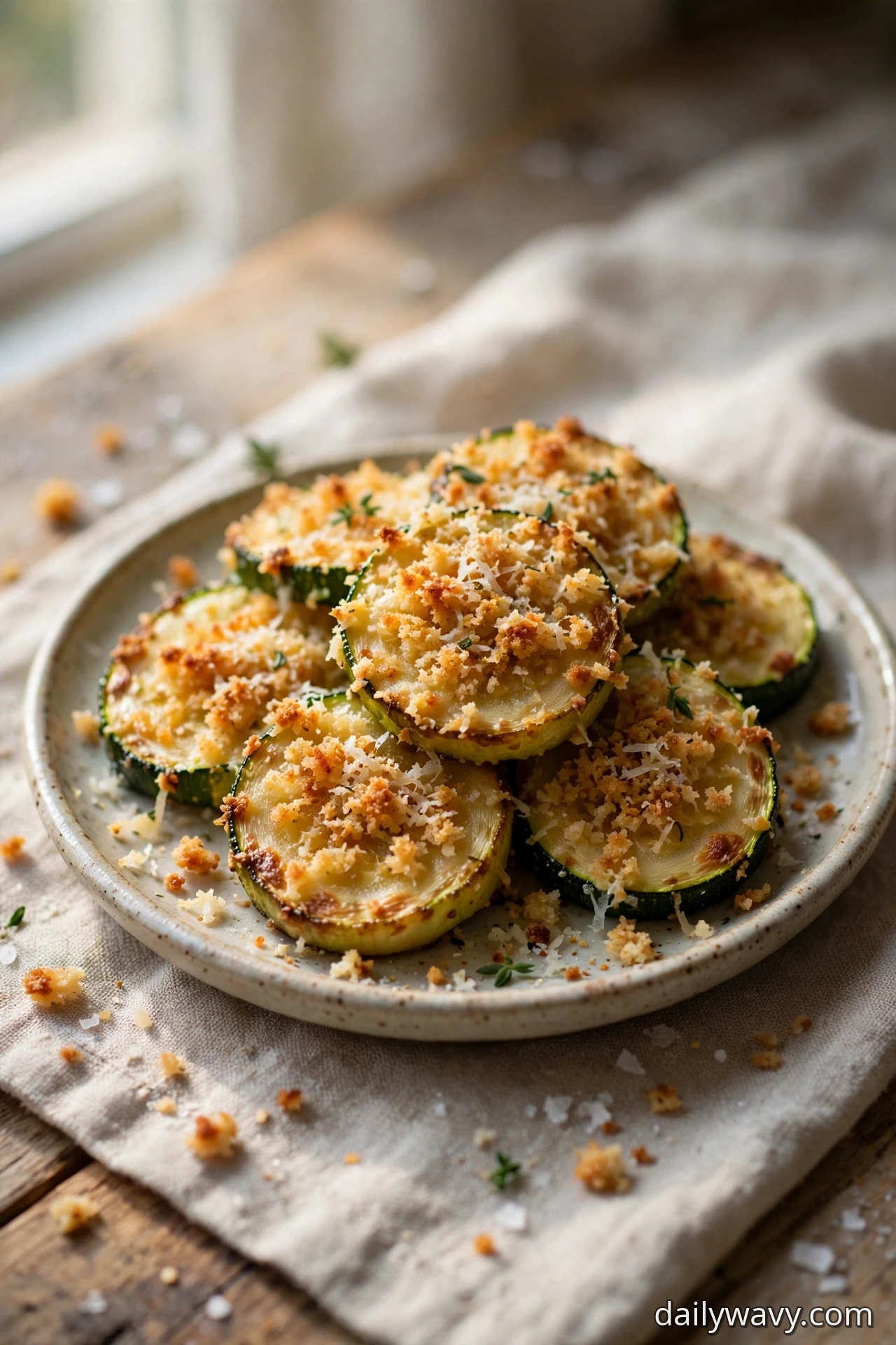 Roasted zucchini coins topped with golden toasted breadcrumbs and grated Parmesan are piled on a plate