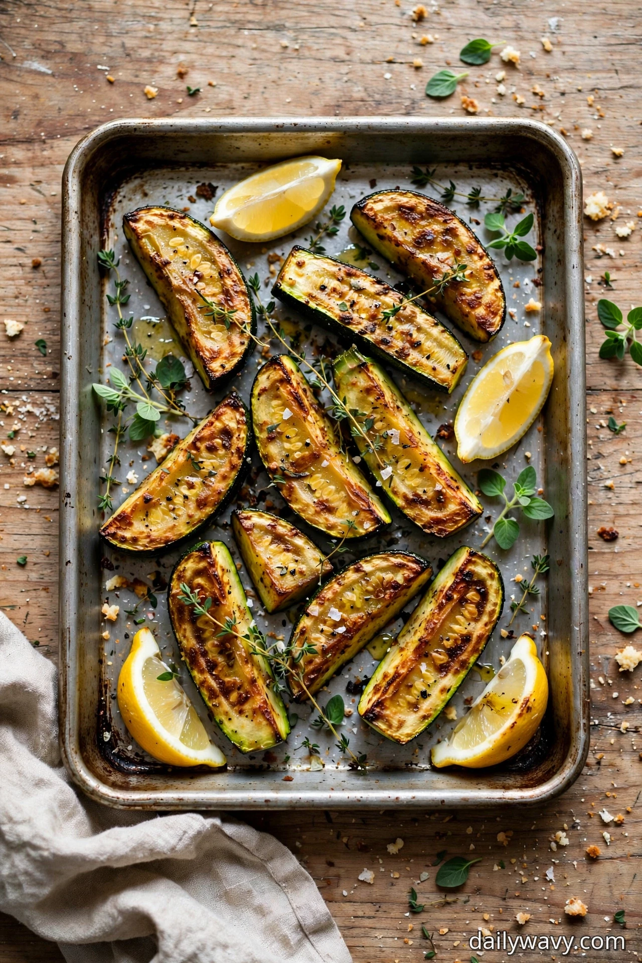 Roasted zucchini wedges with lemon wedges and fresh herbs rest on a sheet pan