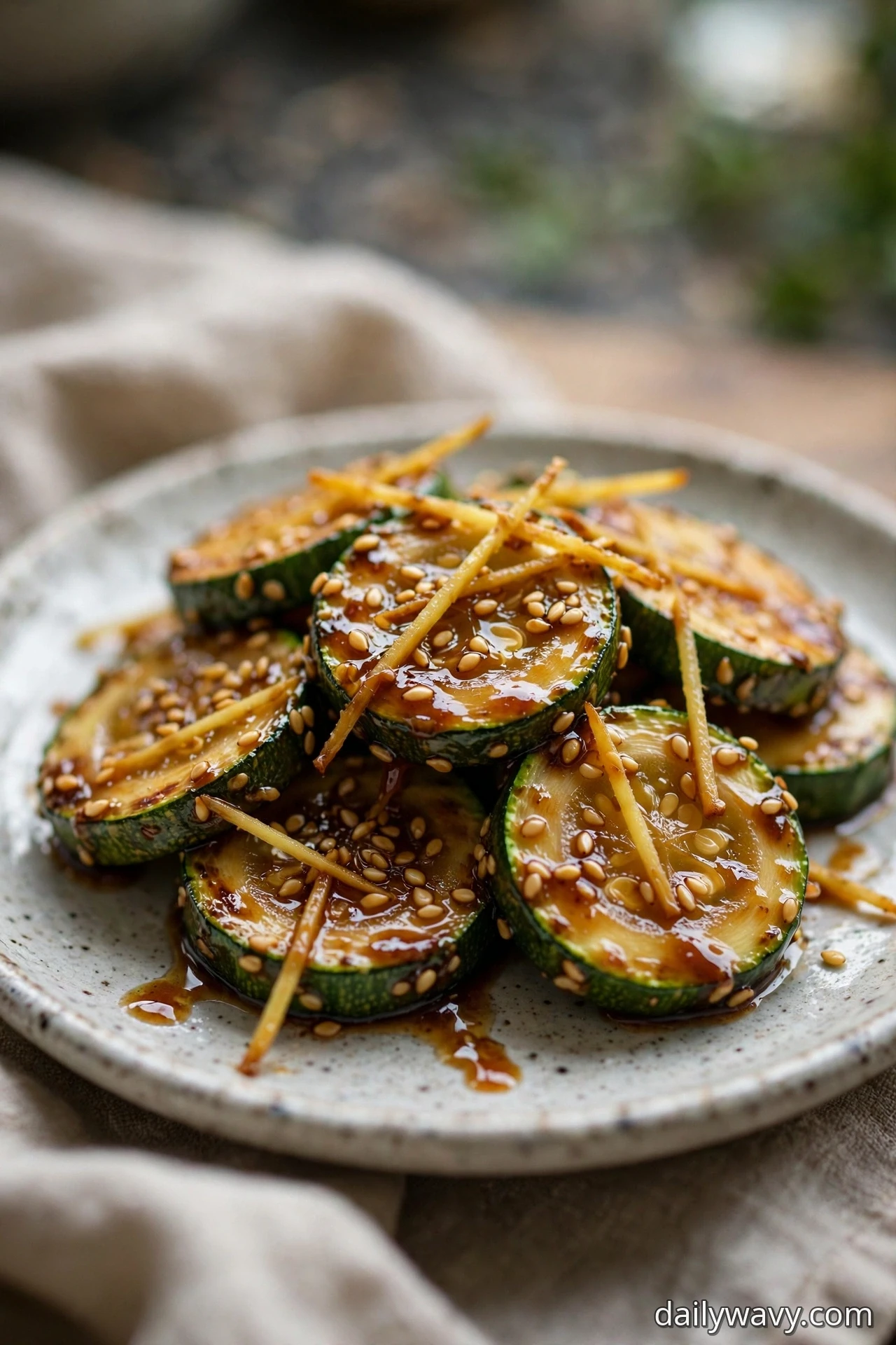 Zucchini coins coated in glossy sesame ginger glaze are topped with sesame seeds and julienned ginger on a plate