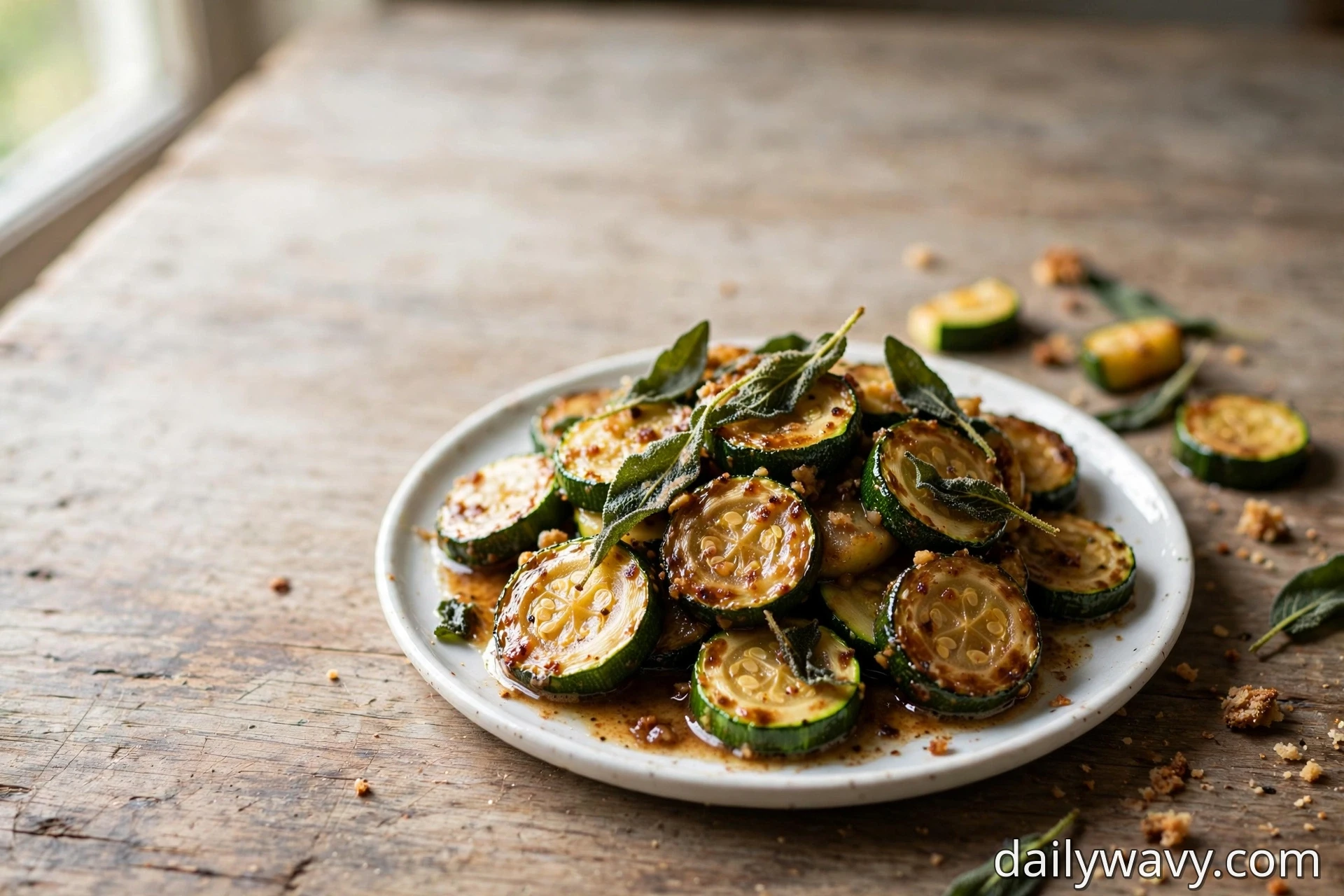 A wide view shows golden-brown zucchini coins topped with crisp sage leaves and browned butter on a white plate on a wooden table